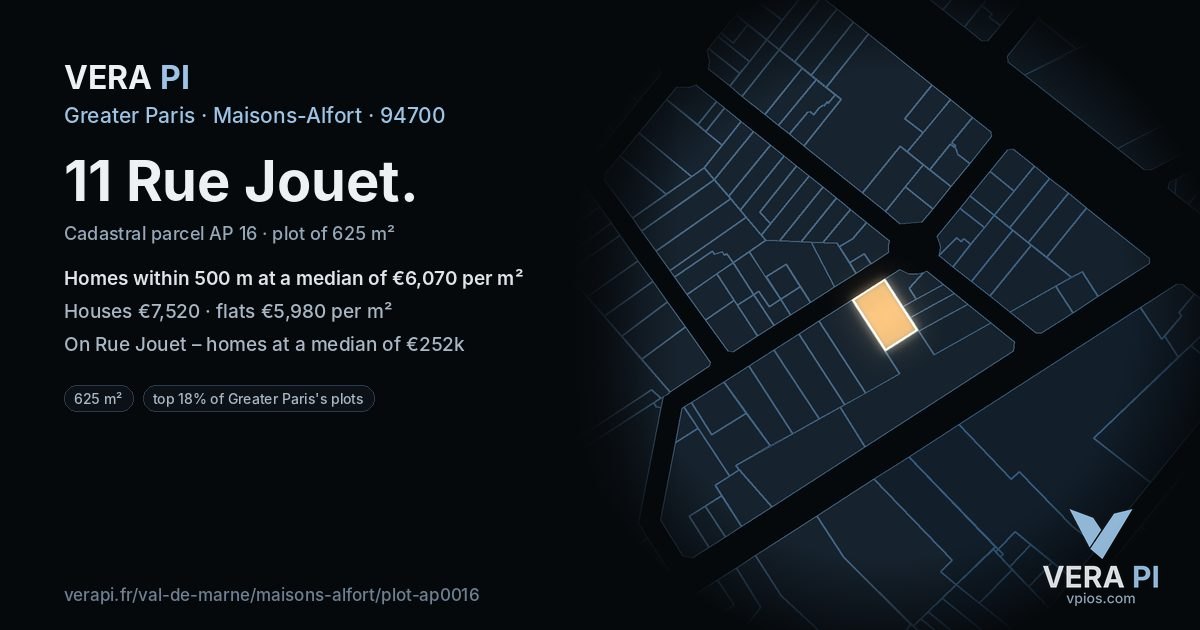 11 Rue Jouet, Maisons-Alfort at night – the plot lit, the parcels around coloured by the prices near them