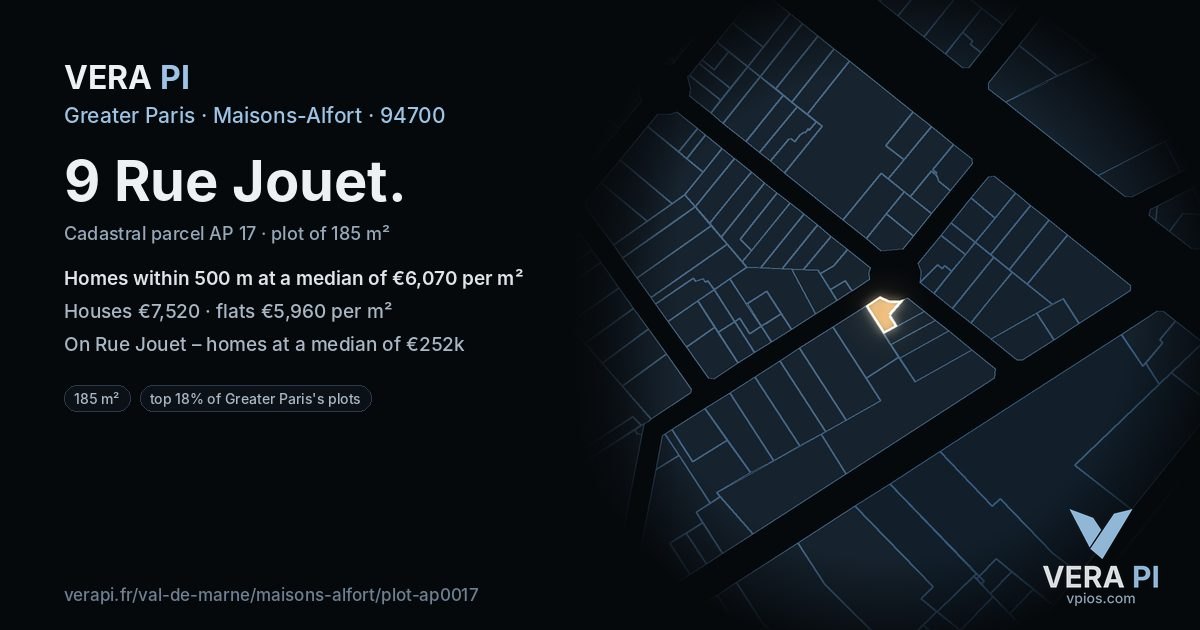 9 Rue Jouet, Maisons-Alfort at night – the plot lit, the parcels around coloured by the prices near them