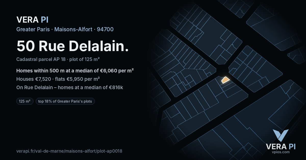 50 Rue Delalain, Maisons-Alfort at night – the plot lit, the parcels around coloured by the prices near them