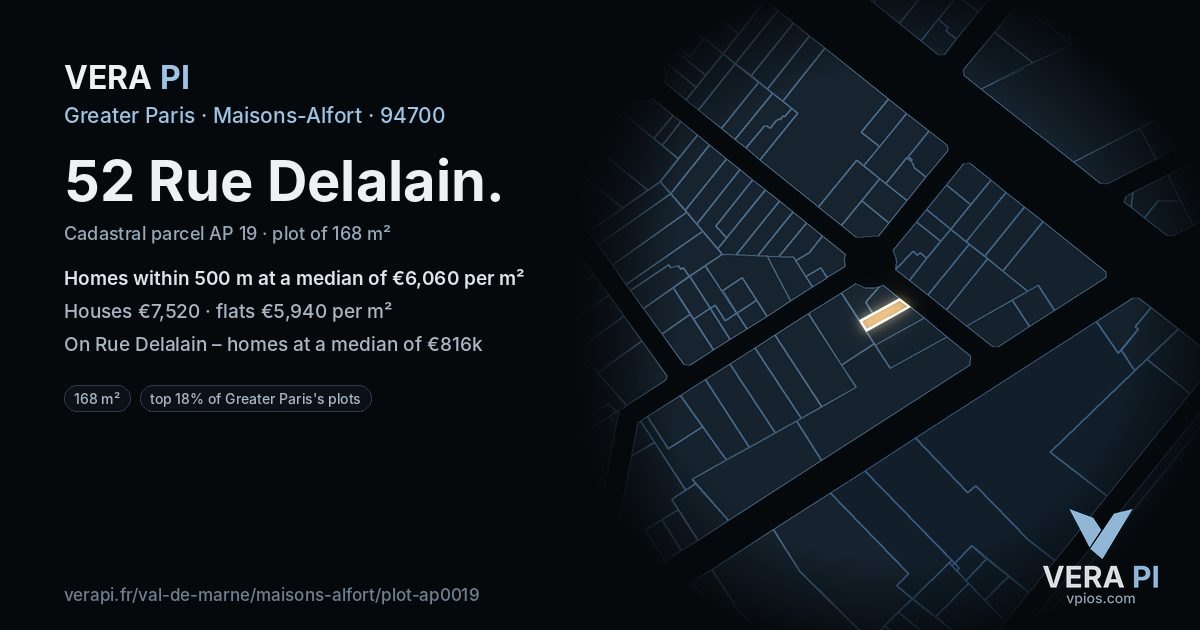 52 Rue Delalain, Maisons-Alfort at night – the plot lit, the parcels around coloured by the prices near them