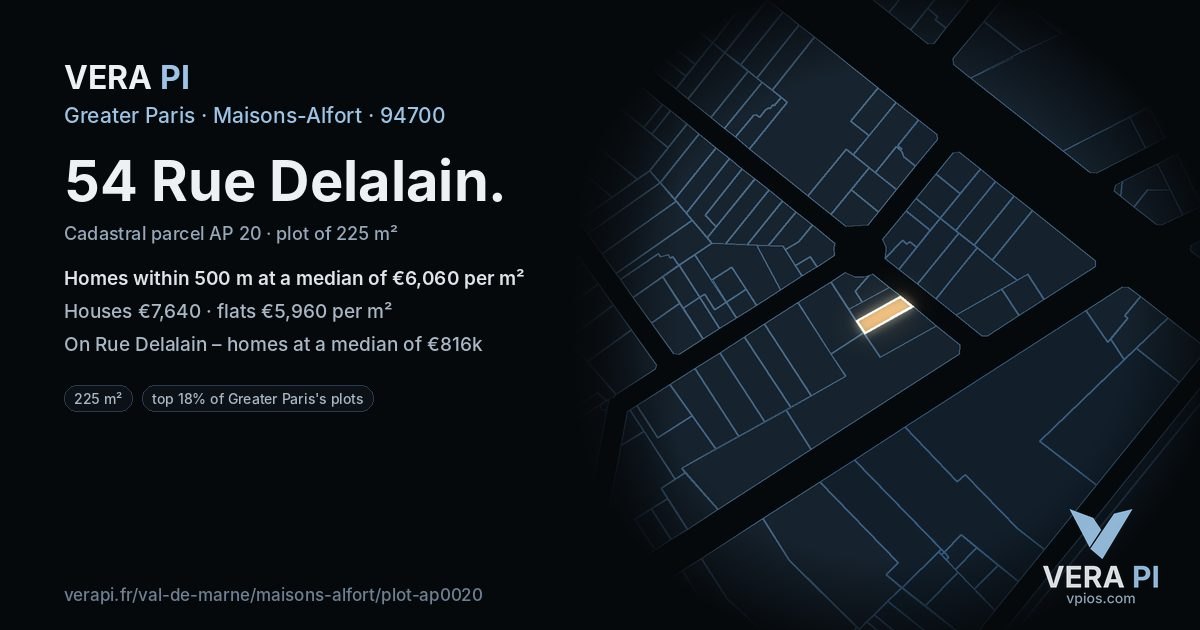 54 Rue Delalain, Maisons-Alfort at night – the plot lit, the parcels around coloured by the prices near them