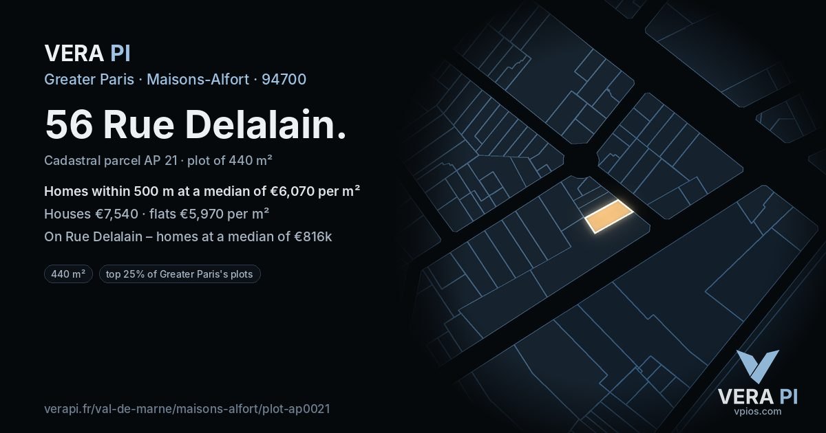 56 Rue Delalain, Maisons-Alfort at night – the plot lit, the parcels around coloured by the prices near them