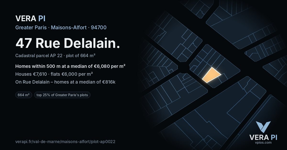 47 Rue Delalain, Maisons-Alfort at night – the plot lit, the parcels around coloured by the prices near them
