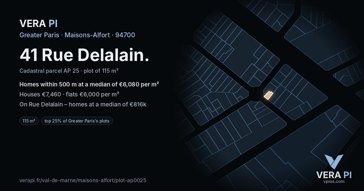 41 Rue Delalain, Maisons-Alfort at night – the plot lit, the parcels around coloured by the prices near them