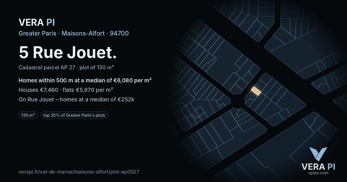 5 Rue Jouet, Maisons-Alfort at night – the plot lit, the parcels around coloured by the prices near them