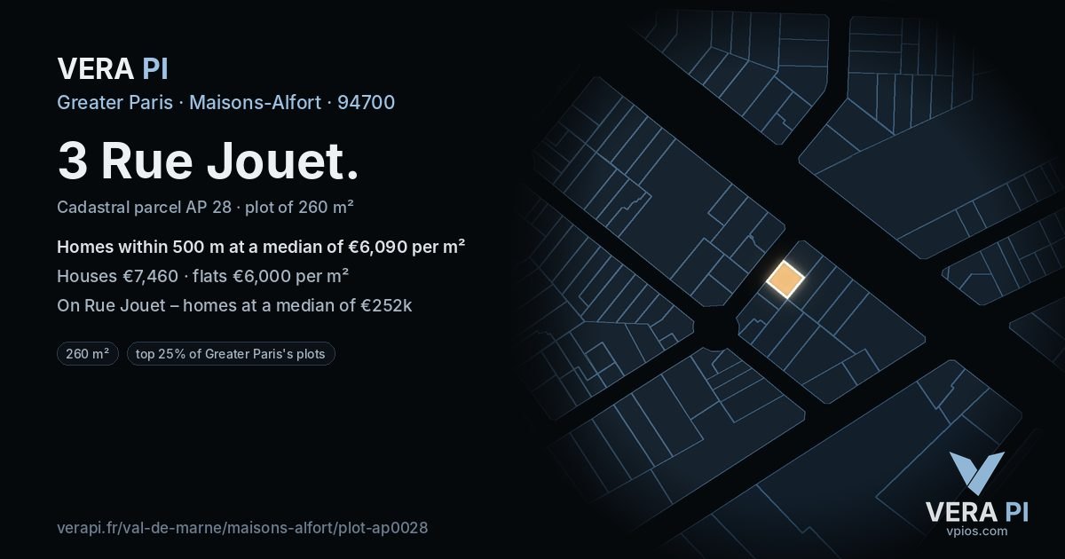 3 Rue Jouet, Maisons-Alfort at night – the plot lit, the parcels around coloured by the prices near them
