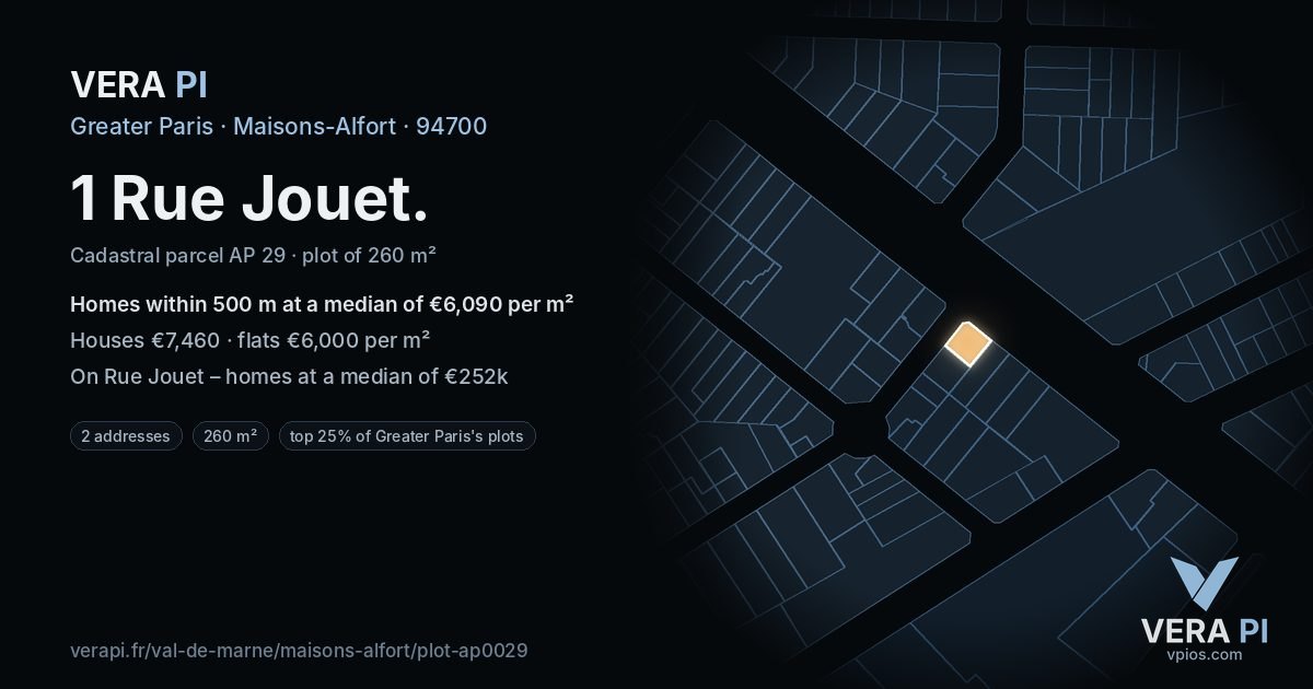 1 Rue Jouet, Maisons-Alfort at night – the plot lit, the parcels around coloured by the prices near them
