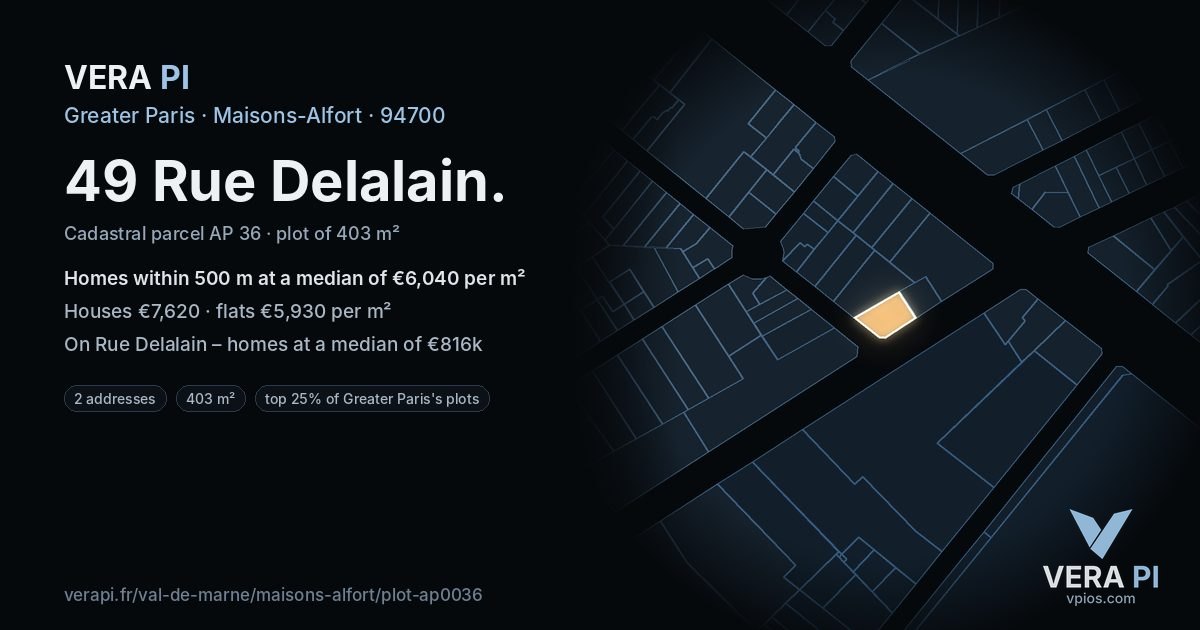 49 Rue Delalain, Maisons-Alfort at night – the plot lit, the parcels around coloured by the prices near them