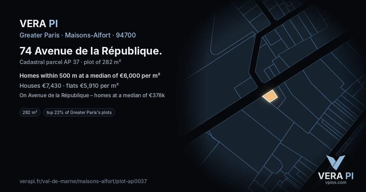 74 Avenue de la République, Maisons-Alfort at night – the plot lit, the parcels around coloured by the prices near them