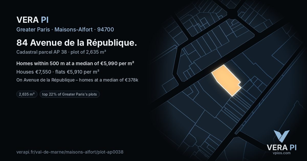 84 Avenue de la République, Maisons-Alfort at night – the plot lit, the parcels around coloured by the prices near them
