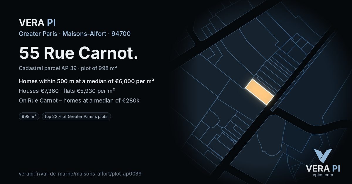 55 Rue Carnot, Maisons-Alfort at night – the plot lit, the parcels around coloured by the prices near them