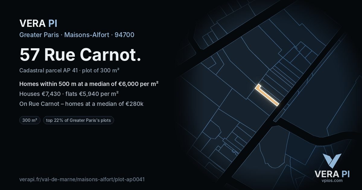 57 Rue Carnot, Maisons-Alfort at night – the plot lit, the parcels around coloured by the prices near them