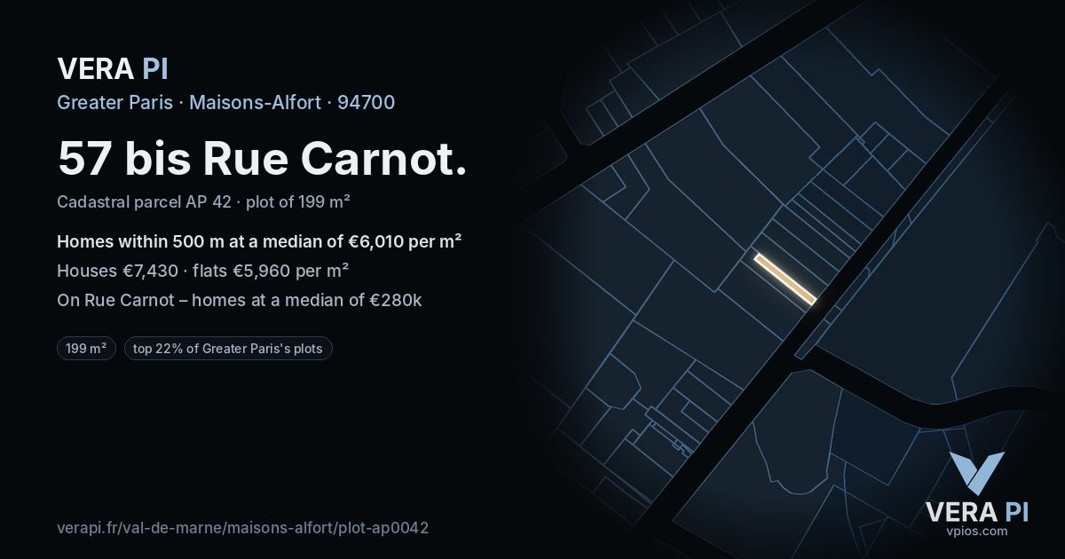57 bis Rue Carnot, Maisons-Alfort at night – the plot lit, the parcels around coloured by the prices near them
