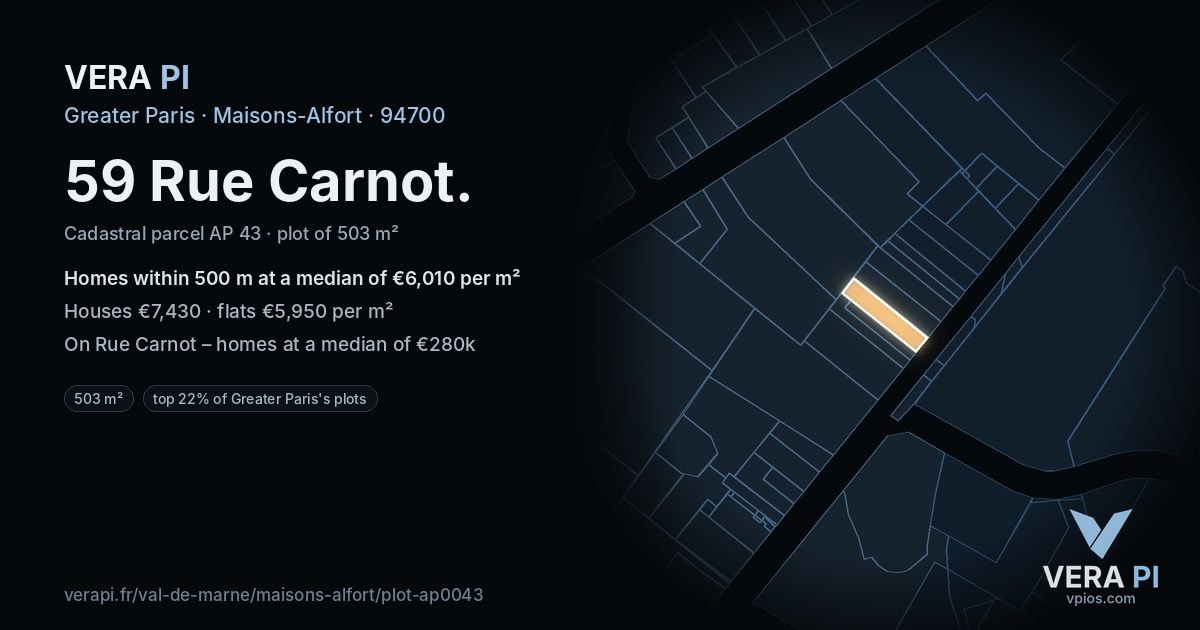 59 Rue Carnot, Maisons-Alfort at night – the plot lit, the parcels around coloured by the prices near them