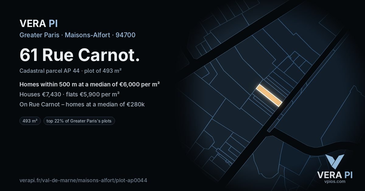 61 Rue Carnot, Maisons-Alfort at night – the plot lit, the parcels around coloured by the prices near them