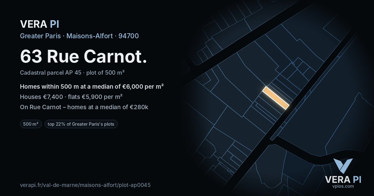 63 Rue Carnot, Maisons-Alfort at night – the plot lit, the parcels around coloured by the prices near them