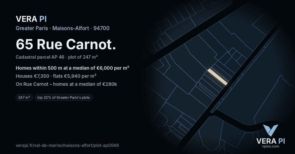 65 Rue Carnot, Maisons-Alfort at night – the plot lit, the parcels around coloured by the prices near them