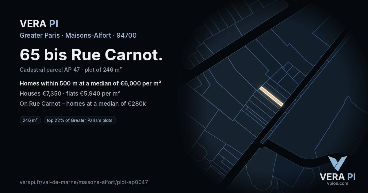 65 bis Rue Carnot, Maisons-Alfort at night – the plot lit, the parcels around coloured by the prices near them