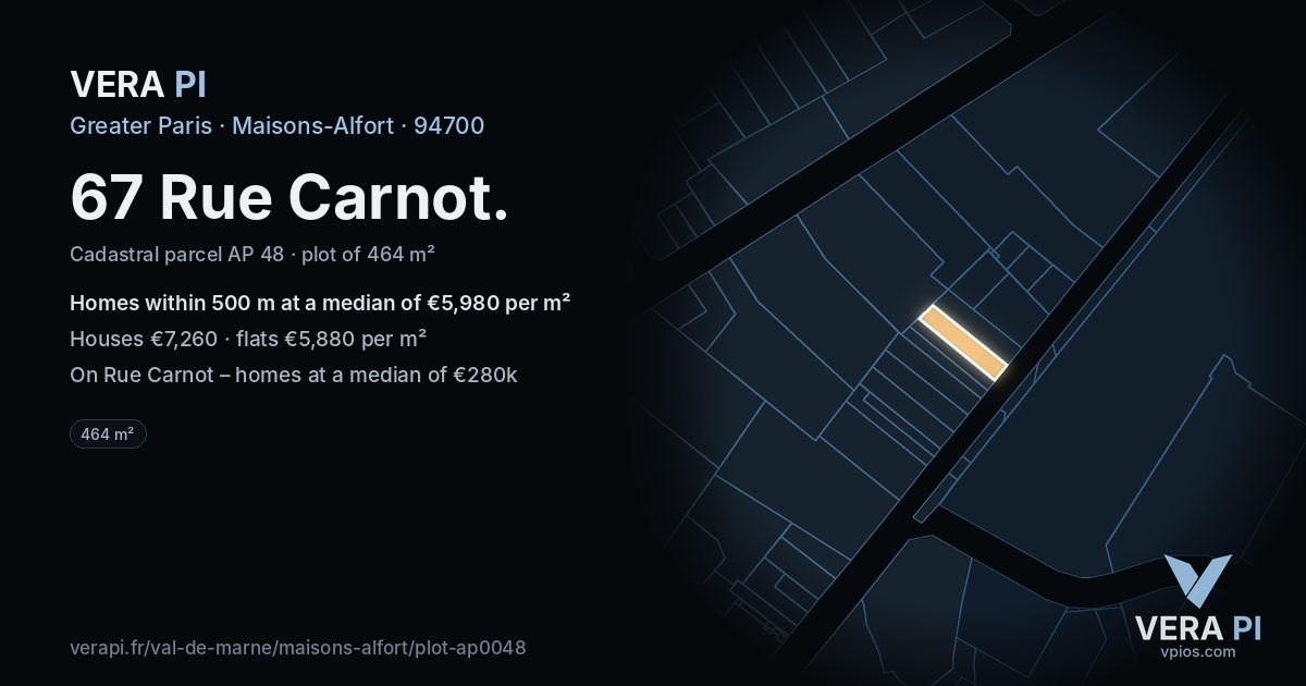 67 Rue Carnot, Maisons-Alfort at night – the plot lit, the parcels around coloured by the prices near them