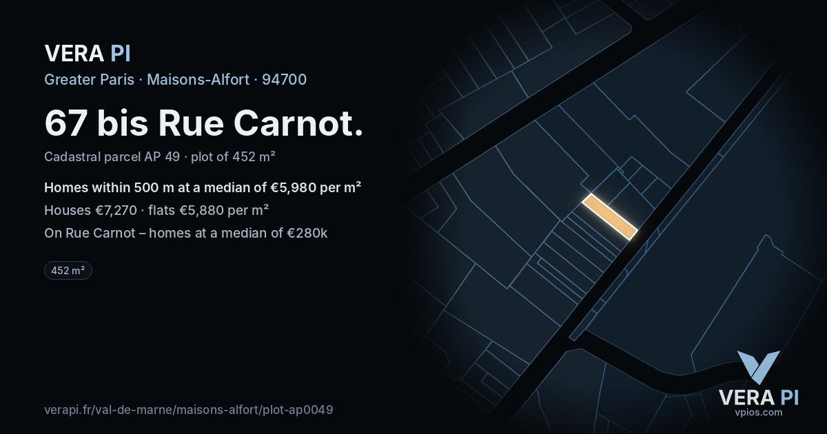 67 bis Rue Carnot, Maisons-Alfort at night – the plot lit, the parcels around coloured by the prices near them