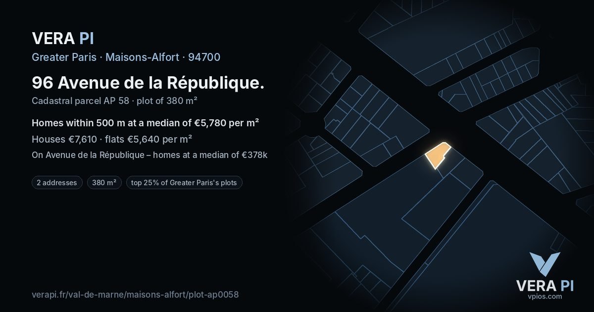 96 Avenue de la République, Maisons-Alfort at night – the plot lit, the parcels around coloured by the prices near them