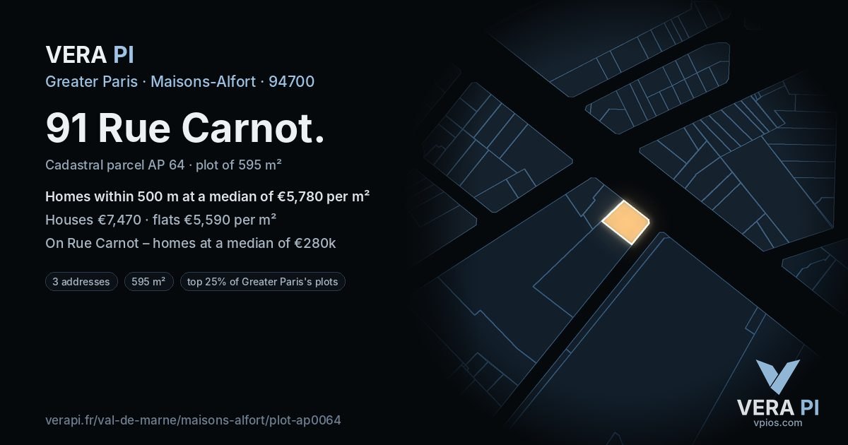 91 Rue Carnot, Maisons-Alfort at night – the plot lit, the parcels around coloured by the prices near them