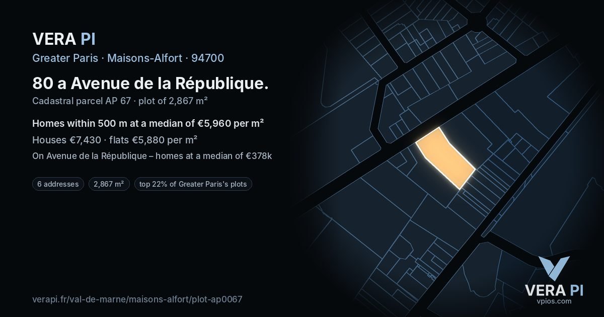 80 a Avenue de la République, Maisons-Alfort at night – the plot lit, the parcels around coloured by the prices near them