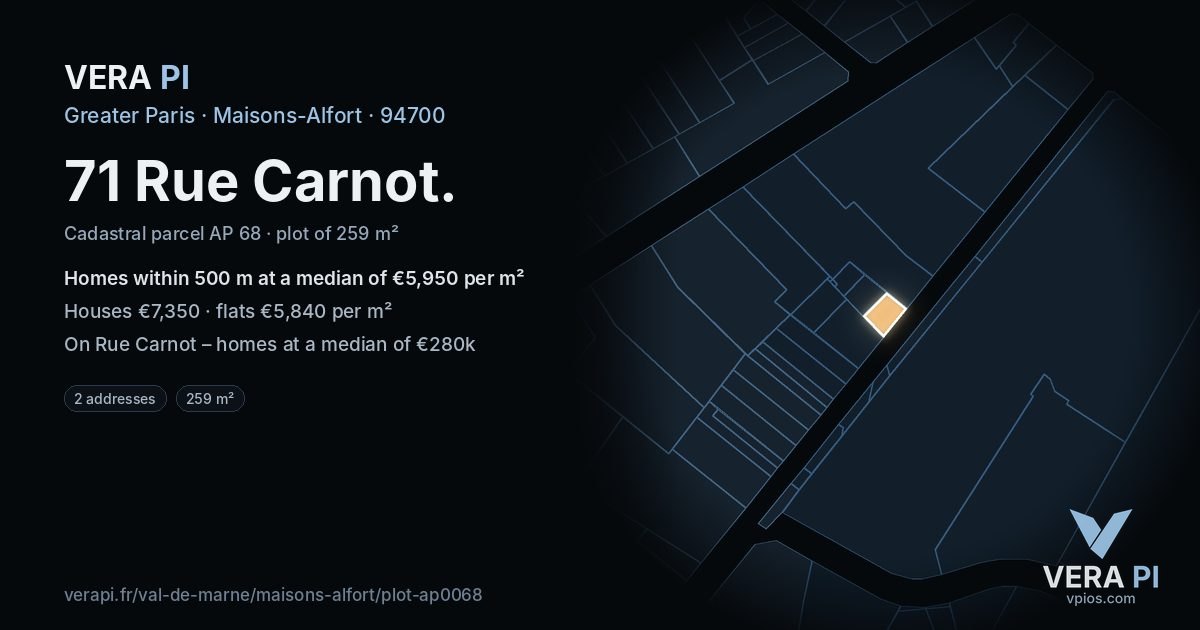 71 Rue Carnot, Maisons-Alfort at night – the plot lit, the parcels around coloured by the prices near them