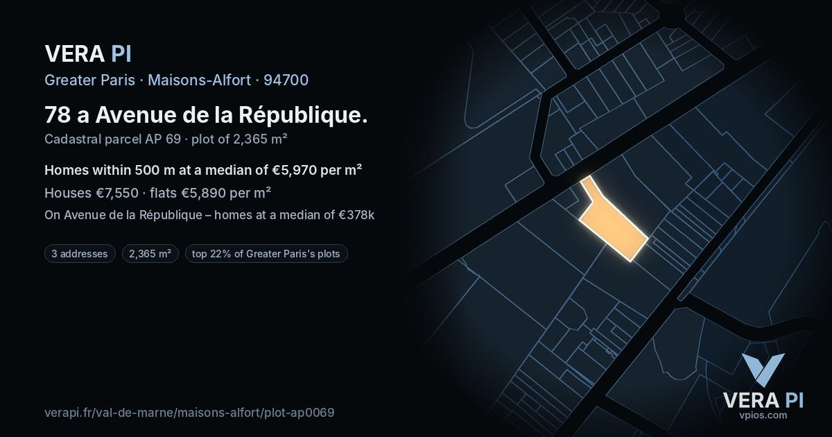 78 a Avenue de la République, Maisons-Alfort at night – the plot lit, the parcels around coloured by the prices near them