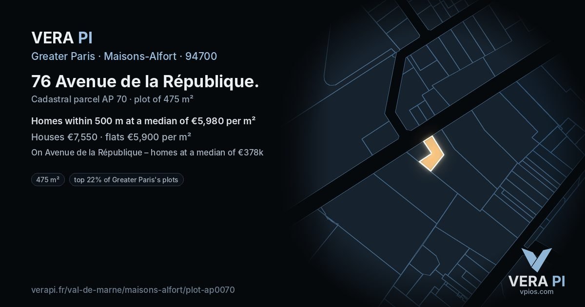 76 Avenue de la République, Maisons-Alfort at night – the plot lit, the parcels around coloured by the prices near them