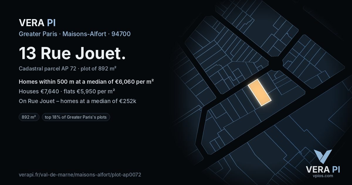 13 Rue Jouet, Maisons-Alfort at night – the plot lit, the parcels around coloured by the prices near them