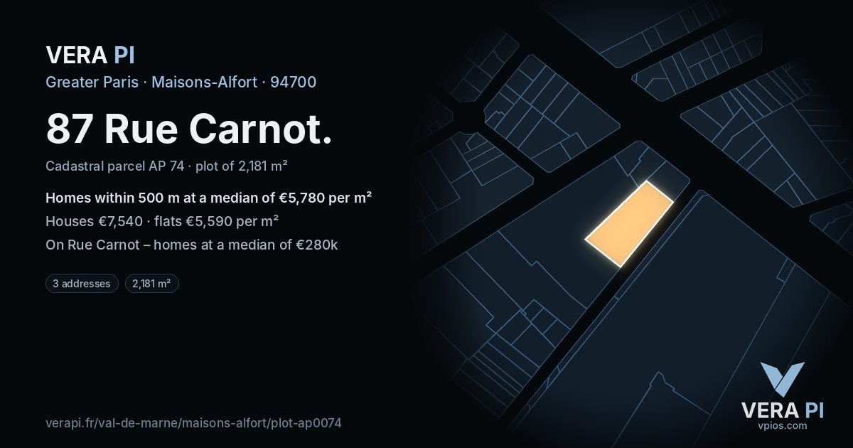 87 Rue Carnot, Maisons-Alfort at night – the plot lit, the parcels around coloured by the prices near them