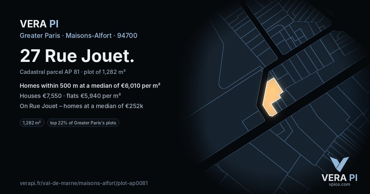 27 Rue Jouet, Maisons-Alfort at night – the plot lit, the parcels around coloured by the prices near them