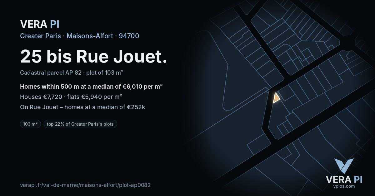 25 bis Rue Jouet, Maisons-Alfort at night – the plot lit, the parcels around coloured by the prices near them