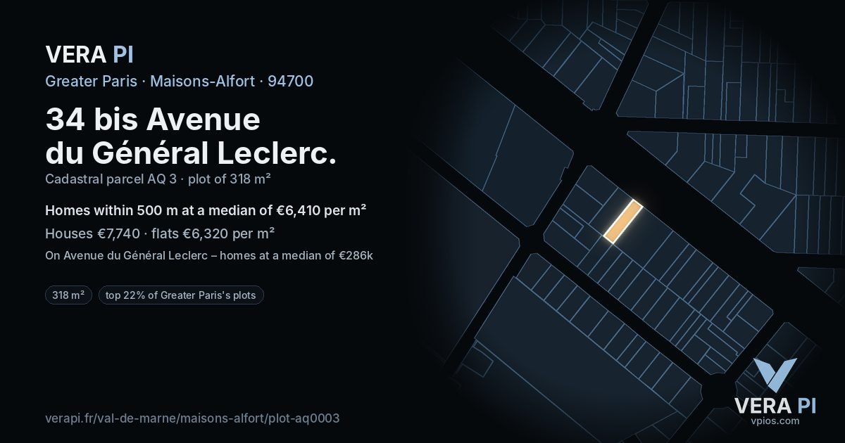 34 bis Avenue du Général Leclerc, Maisons-Alfort at night – the plot lit, the parcels around coloured by the prices near them