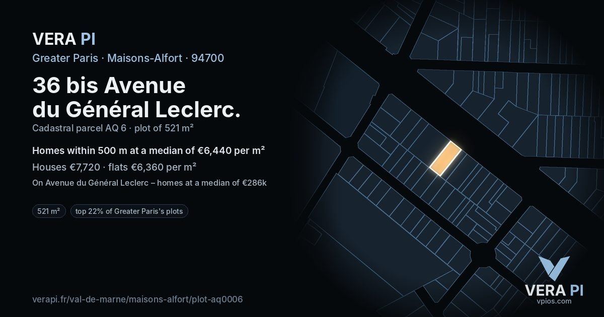 36 bis Avenue du Général Leclerc, Maisons-Alfort at night – the plot lit, the parcels around coloured by the prices near them
