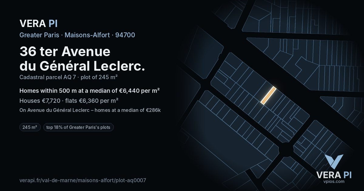 36 ter Avenue du Général Leclerc, Maisons-Alfort at night – the plot lit, the parcels around coloured by the prices near them