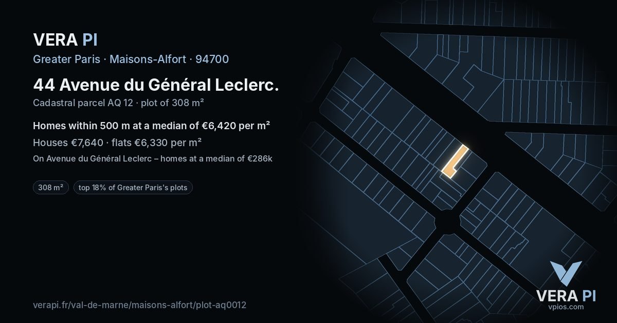 44 Avenue du Général Leclerc, Maisons-Alfort at night – the plot lit, the parcels around coloured by the prices near them