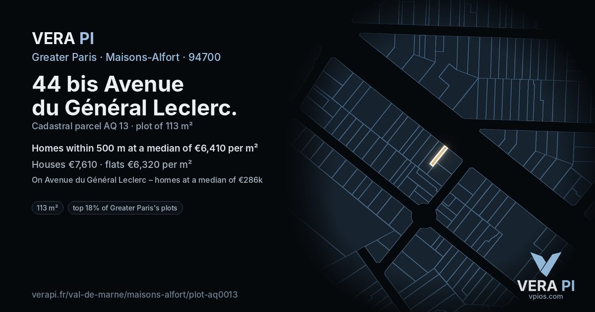 44 bis Avenue du Général Leclerc, Maisons-Alfort at night – the plot lit, the parcels around coloured by the prices near them