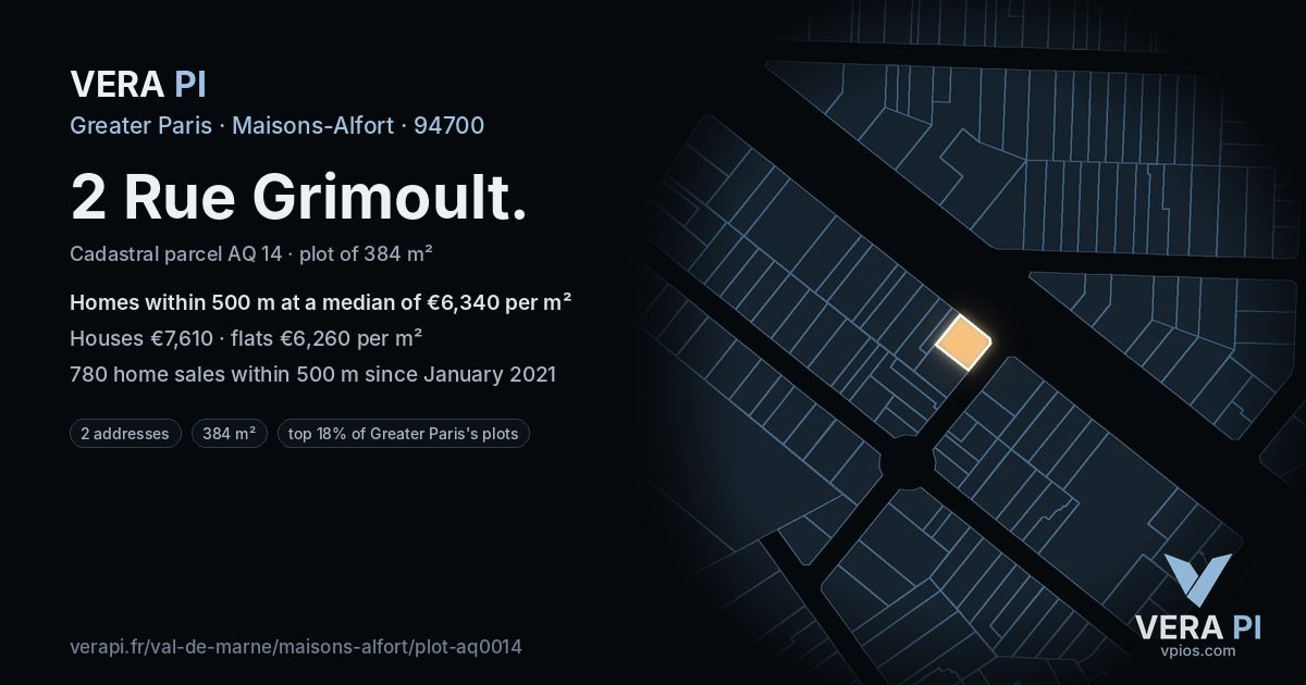 2 Rue Grimoult, Maisons-Alfort at night – the plot lit, the parcels around coloured by the prices near them