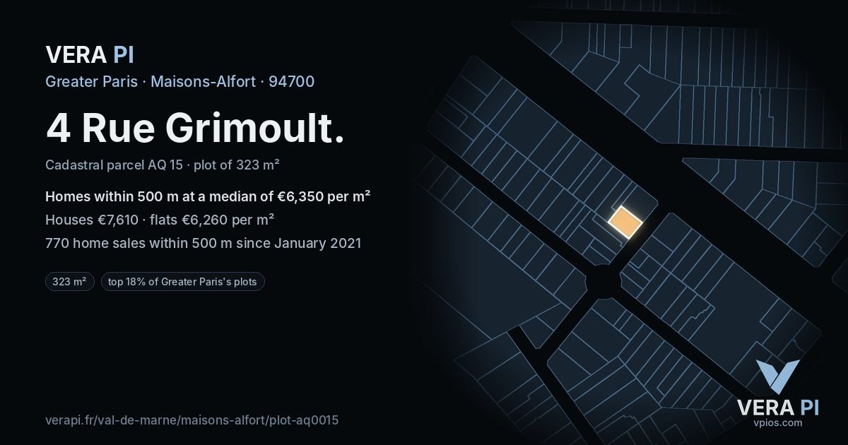 4 Rue Grimoult, Maisons-Alfort at night – the plot lit, the parcels around coloured by the prices near them