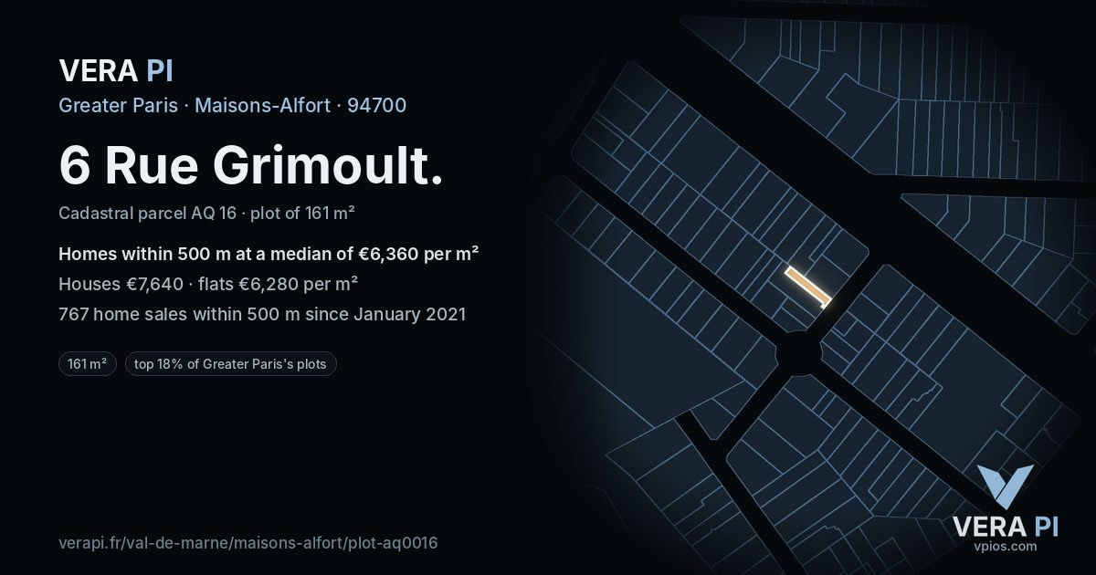 6 Rue Grimoult, Maisons-Alfort at night – the plot lit, the parcels around coloured by the prices near them