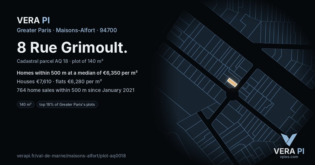 8 Rue Grimoult, Maisons-Alfort at night – the plot lit, the parcels around coloured by the prices near them