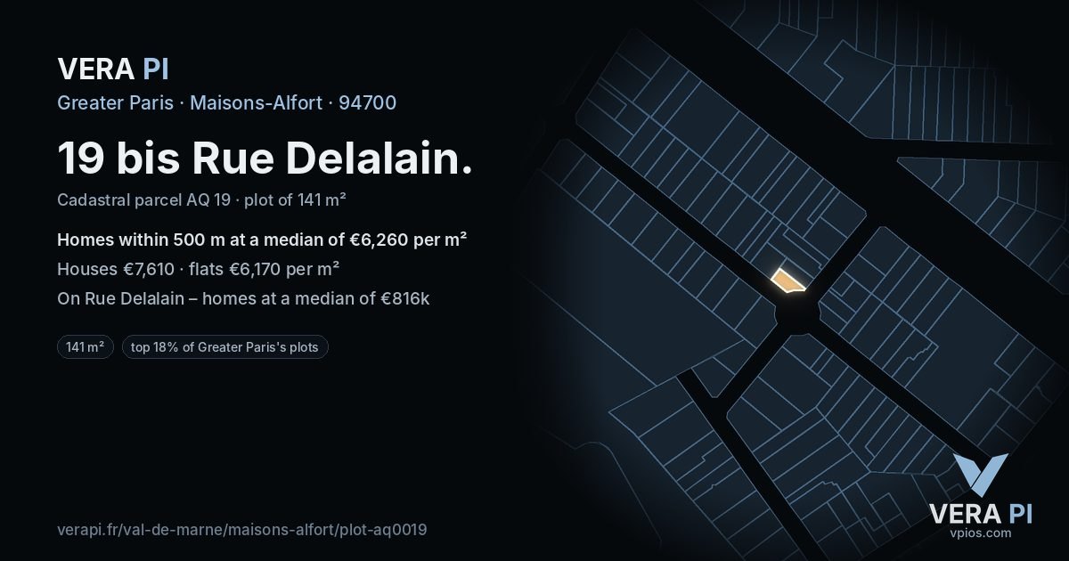 19 bis Rue Delalain, Maisons-Alfort at night – the plot lit, the parcels around coloured by the prices near them