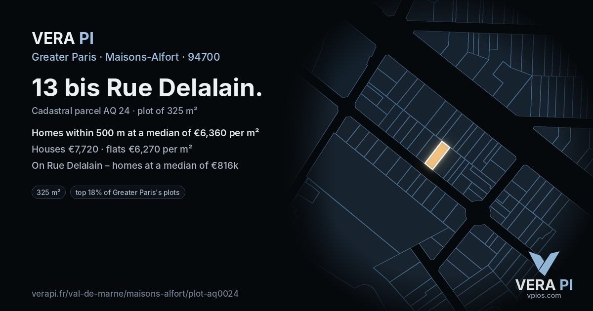 13 bis Rue Delalain, Maisons-Alfort at night – the plot lit, the parcels around coloured by the prices near them