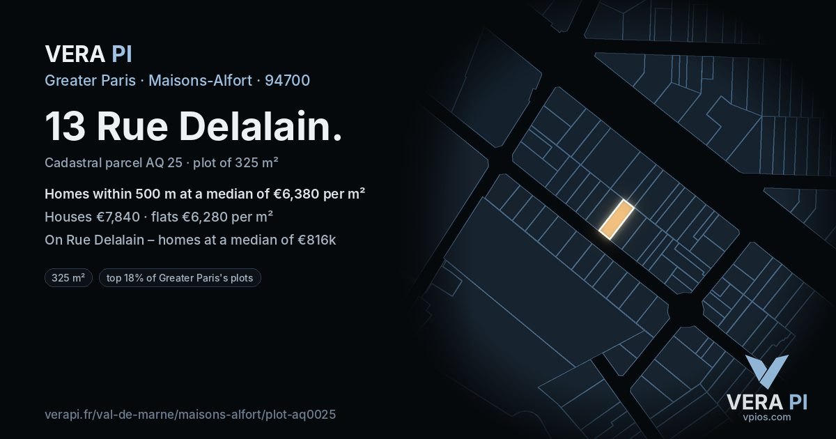 13 Rue Delalain, Maisons-Alfort at night – the plot lit, the parcels around coloured by the prices near them