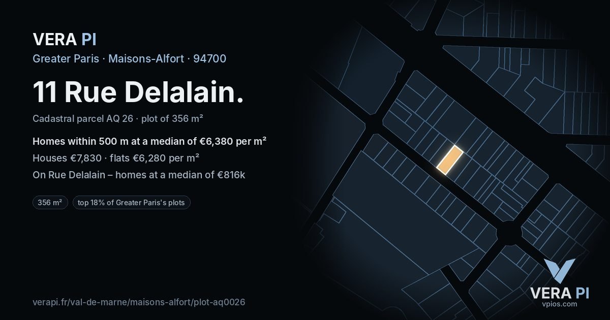 11 Rue Delalain, Maisons-Alfort at night – the plot lit, the parcels around coloured by the prices near them