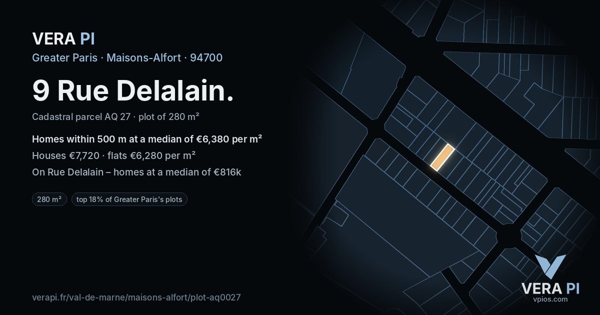 9 Rue Delalain, Maisons-Alfort at night – the plot lit, the parcels around coloured by the prices near them