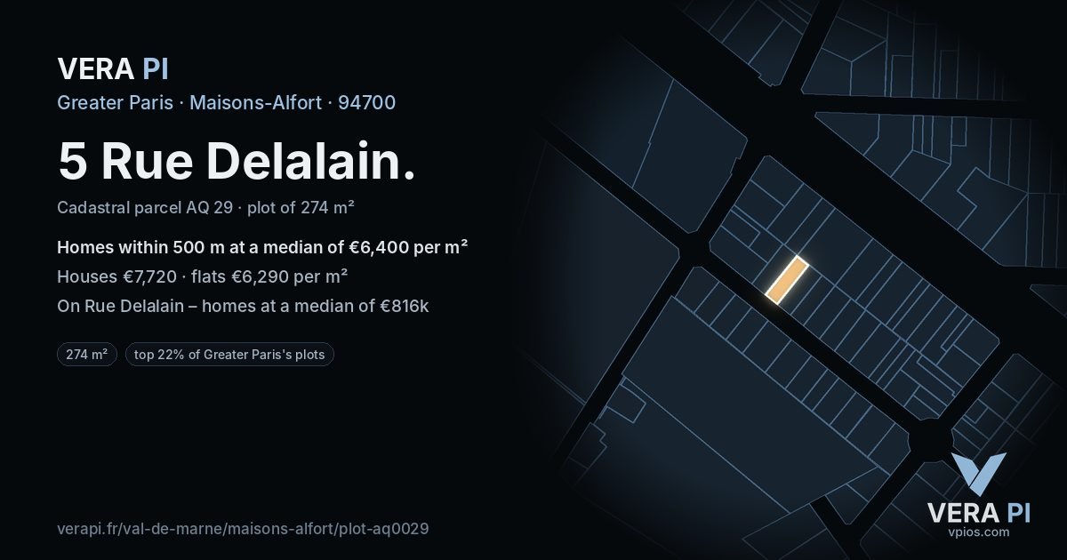 5 Rue Delalain, Maisons-Alfort at night – the plot lit, the parcels around coloured by the prices near them