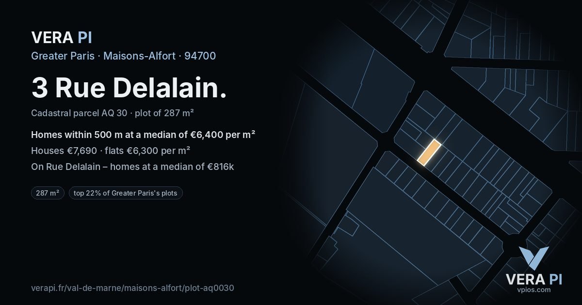 3 Rue Delalain, Maisons-Alfort at night – the plot lit, the parcels around coloured by the prices near them